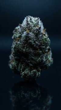 Close-up of a single cannabis bud with visible trichomes on a dark background.