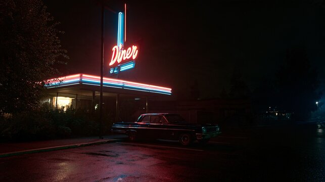Vintage neon diner sign glowing red and blue against a dark night sky, an old parked car with