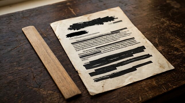 A redacted document and a wooden stick rest on a dark wooden surface