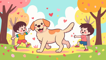 Fototapeta premium Two children playing with a dog in a park