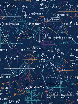 Mathematical and physical formulas seamless pattern background with geometry diagrams algebra equations vector illustration