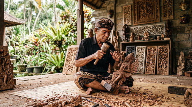 Skilled Balinese craftsman meticulously carves intricate wooden sculpture with chisel and mallet in traditional workshop setting