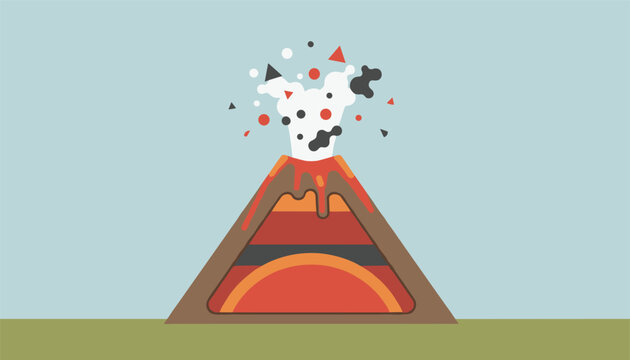 Colorful geometric vector illustration of an erupting volcano with smoke, lava layers, and flying rocks against a blue sky.