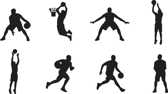 Basketball players silhouettes set, athletes in dribbling, shooting, and dunking actions vector illustration