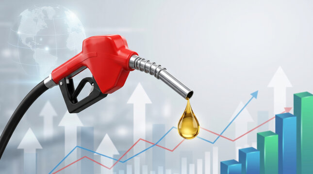 Oil price high with fuel nozzle and rising market chart. Global energy crisis. fuel gasoline gas power, supply demand, cost expensive increase, financial money inflation