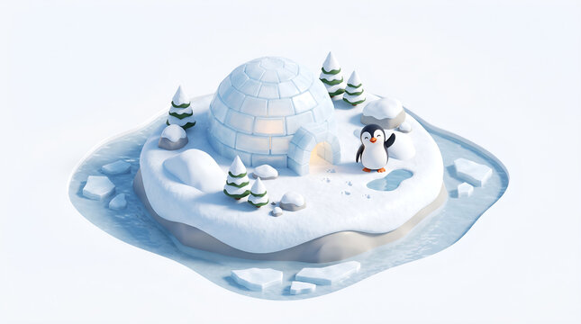 Cute Penguin Waving Near Igloo Cartoon on Snow Island