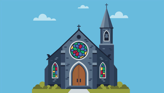 Dark Gothic-style church building with colorful stained glass windows under a sunny blue sky with clouds.