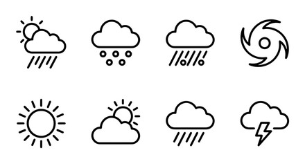 Obraz premium Weather Icons Set: Sun, Rain, Snow, Storm, Hurricane, Cloud, Lightning, Forecast