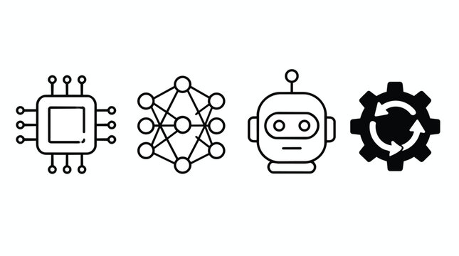 Artificial Intelligence icons, flat linear black and white set, featuring microchip neural network robot head and gear symbols, isolated on white background, ideal for tech marketing and web.