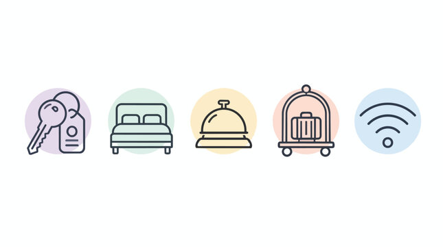 Hotel Service Symbols, Minimal Line Art With Pastel Circles, Room Key Bed Reception Bell Luggage Cart and Wifi Icons, Isolated On White For Booking, Hospitality Marketing Materials and Web Design