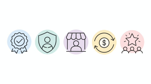 Business service icons, thin line graphics of quality guarantee and privacy security, shop retail and money exchange and consumer feedback, isolated on white, for corporate marketing projects and web