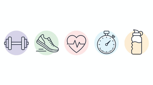 Fitness Icon Set, Minimalist Line Art Style with Colorful Pastel Circles, Dumbbell Running Shoe Heartbeat Pulse Stopwatch Water Bottle, Isolated on Plain White Background, Perfect for Gym Branding