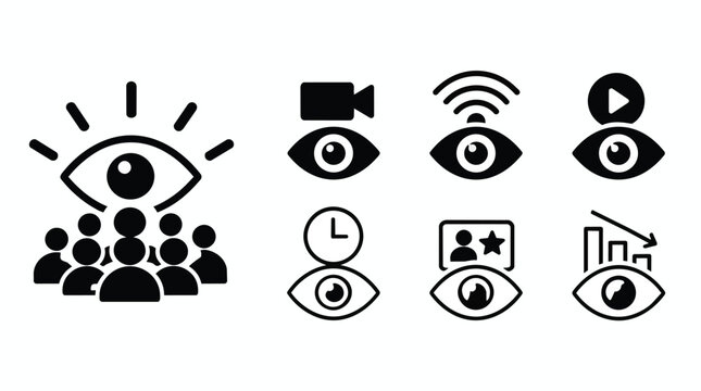 Visual Monitoring Icons, Tracking performance and audience engagement metrics, Video camera play button signal clock rating person chart symbols set, Isolated on white, Ideal for UI app design.