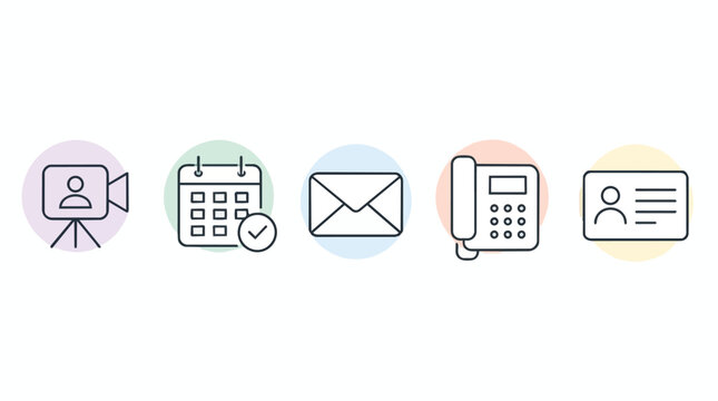 Business communication icons set, minimalist thin line style with pastel circle backgrounds, including video meeting calendar email landline phone and id card, isolated on white, website app design