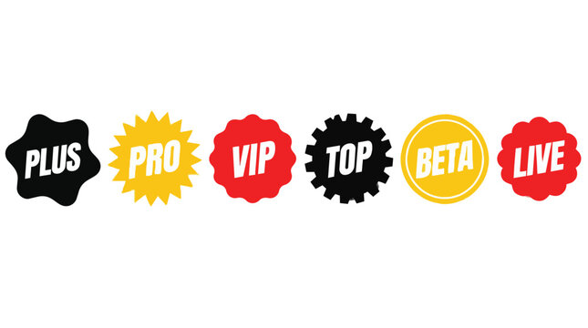 Membership Status Badges, colorful flat labels set with PRO VIP PLUS TOP BETA and LIVE text, varied shapes including starburst gear and circle, isolated on white background, for commercial marketing
