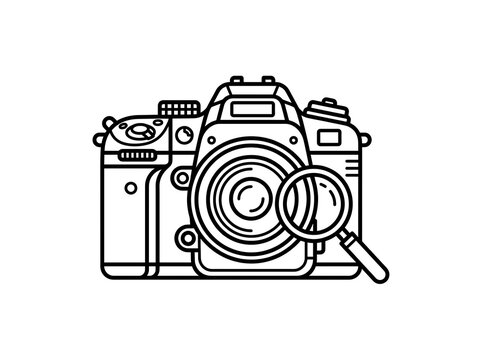 Magnifying glass inspecting camera lens on dslr camera illustration