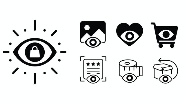 E-commerce monitoring icons, visual shopping tracking symbols, cart analytics heart review measurement box and bag shapes, isolated on white background, perfect for retail data analysis platforms.