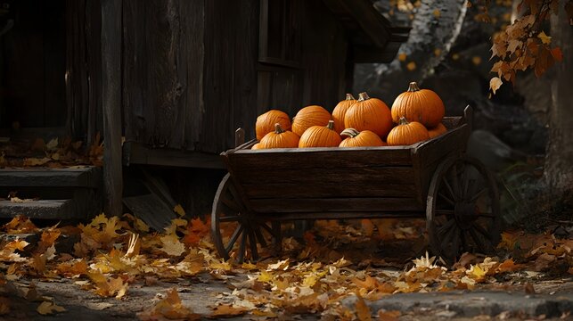 A rustic wagon filled with pumpkins surrounded by fal leaves