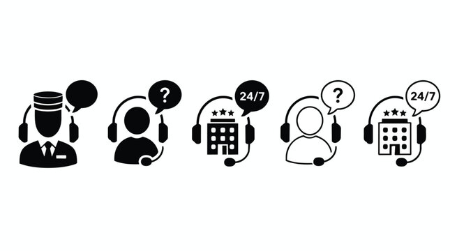 Hotel Customer Service Icons, Set of Flat and Outline Support Symbols, 24/7 Hotline Receptionist with Headset Building and Question Speech Bubbles, Isolated on White, Mobile App and Web Marketing.