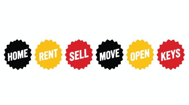 Real estate stickers, colorful jagged badge icons for property listings, including home rent sell move open and keys labels, isolated on white background, perfect for real estate agency marketing.