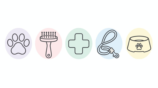 Pet care icons, outline grooming and veterinary symbols set, paw print brush medical cross leash bowl elements, isolated on white background, perfect for animal clinic website or professional brandin