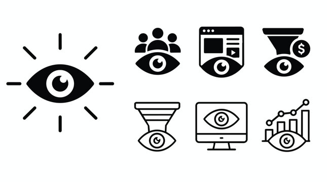 Audience tracking icons, illustrating web monitoring and data analysis performance, including funnel, chart, monitor, people and dollar sign, isolated on white background, for digital marketing.