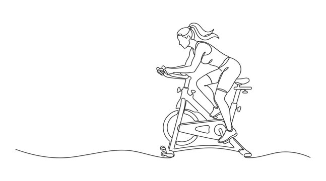 Woman riding a stationary exercise bike with a dash line trail indoor cycling line art exercise equipment