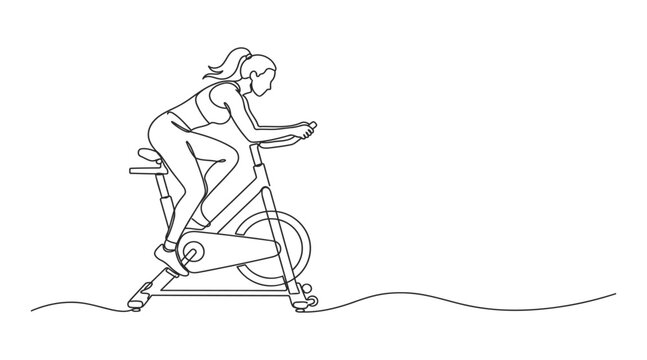 Woman riding a stationary exercise bike with a dash line trail indoor cycling line art exercise equipment