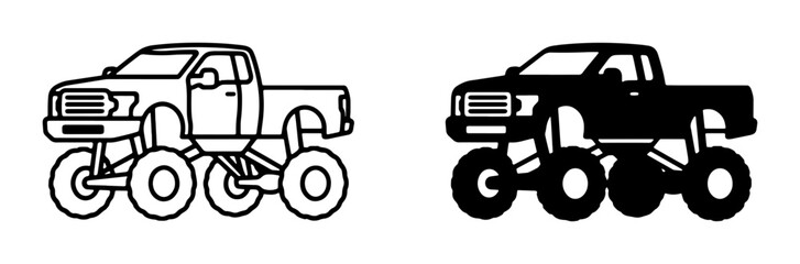 Monster Truck Icons, Off-Road Vehicle Vector Art, Extreme Sports Transportation Graphics, Black and White Silhouette Designs © Riaz
