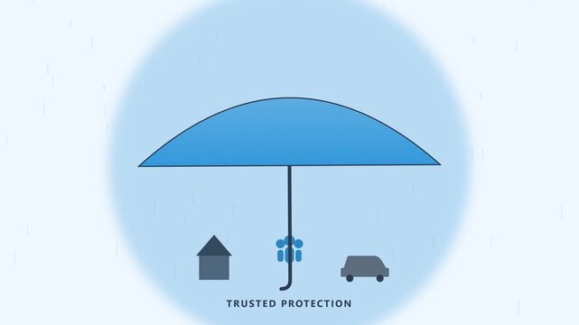 Umbrella and Rain on Tropical Beach with Ocean, Blue Sky, Clouds and Summer Vacation Vector Illustration