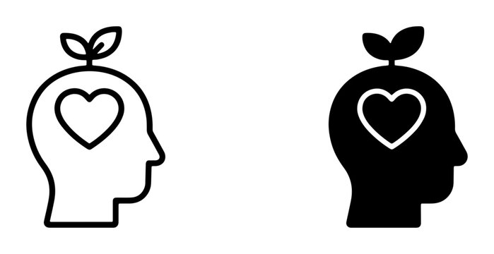 Mindfulness Icons, Growth Mindset Symbols, Heart Brain Concepts, Positive Thinking Vector Set