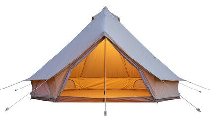 Large beige bell tent with open entrance and warm interior lighting, isolated on transparent background © Constantin