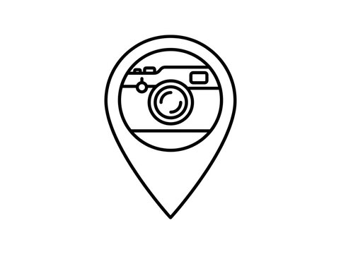 Minimalist camera icon inside location pin badge