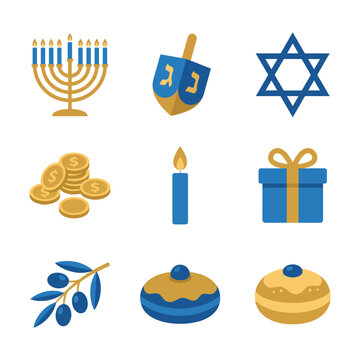 Hanukkah celebration icons in flat blue and gold style featuring menorah dreidel and star for holiday vector