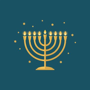 Golden Hanukkah Menorah vector illustration with glowing flames and stars for Jewish holiday greeting card designs