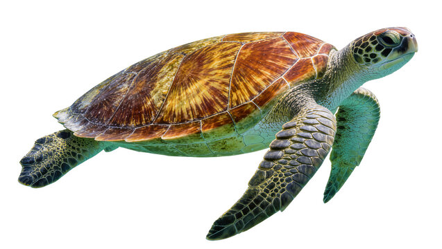 Green sea turtle swimming gracefully, isolated on transparent background