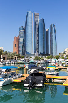 Abu Dhabi skyline with Etihad Towers skyscrapers with marina in Abu Dhabi, United Arab Emirates