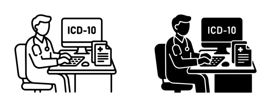 Doctor Using Computer for ICD-10 Medical Coding, Healthcare Professional Workflow, Digital Health Records Icon Set