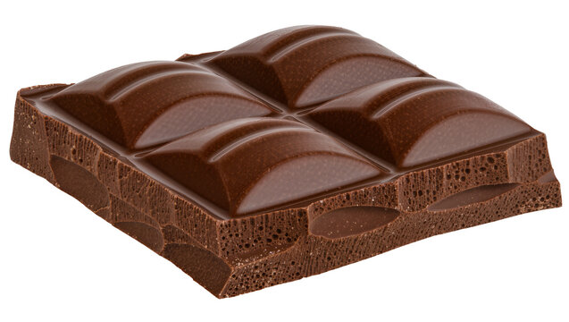 Porous milk chocolate bar with segmented squares, isolated on transparent background