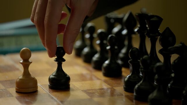 Hand Moves Black Pawn on Wooden Chessboard with Pressing Chess Clock Close Up 