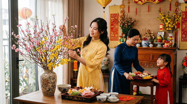 Vietnamese Family Decorates Home with Peach and Apricot Blossoms for Lunar New Year Celebration