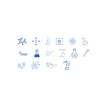 Set of chemistry related icons, chemistry symbols collection, hand drawn doodle style vector illustration.
