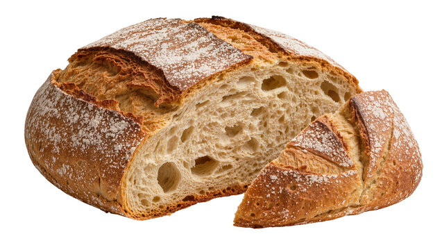 Crusty artisan sourdough bread loaf with a slice cut out, isolated on transparent background