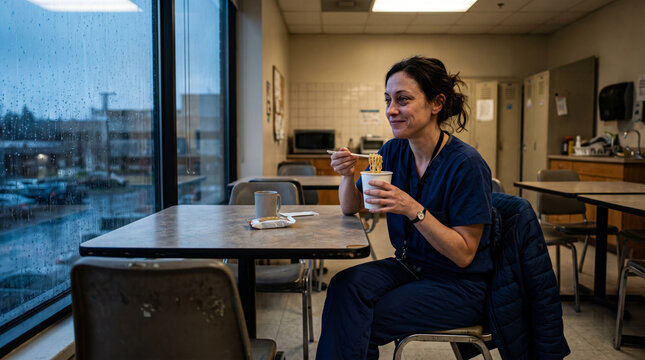 Nurse takes a break to eat instant noodles in a break room with rain outside