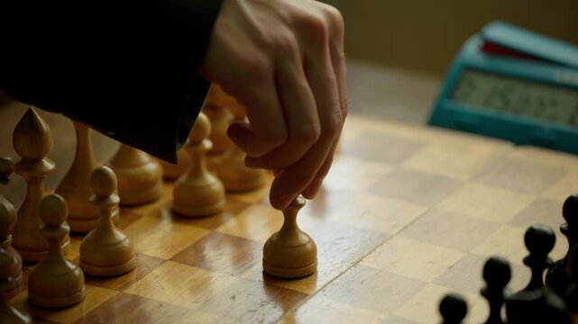 Two Players Making Opening Chess Moves Pressing Clock Slow Motion Close Up 