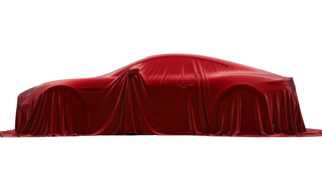 Red sports car covered with draped fabric, isolated on transparent background