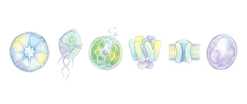 Microscopic cell watercolor illustration set featuring plankton diatoms algae organelles lipid bilayer membrane protein biological microorganisms science diagram isolated on black background artwork
