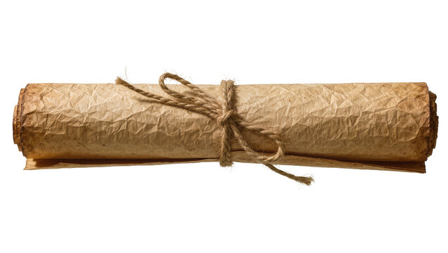 Old crumpled parchment scroll tied with rough twine, isolated on transparent background
