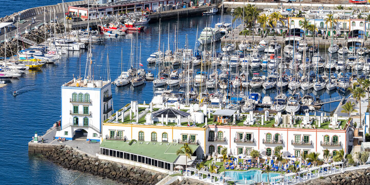 Gran Canaria Puerto de Mogan island panorama from above marina holiday by the sea in Spain