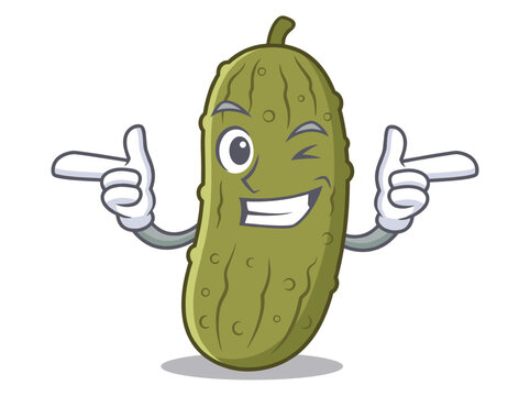 Winking pickle cartoon character pointing finger guns for food packaging and children sticker art